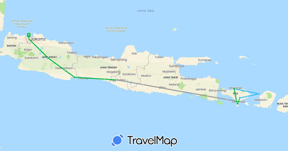 TravelMap itinerary: bus, plane, boat in Indonesia (Asia)
